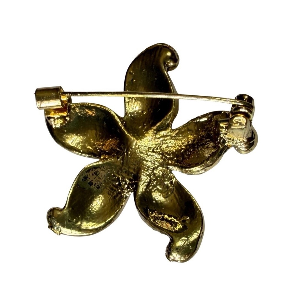 Vtg Starfish Brooch Navy Blue Enamel Rhinestone Faux Pearl Gold Tone Pin Nautica - Picture 3 of 4